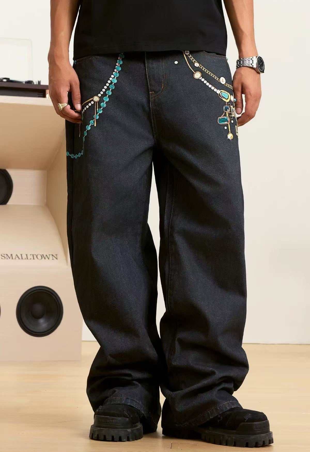 STK Heavy Work 3D Turquoise Pearl Printed Jeans