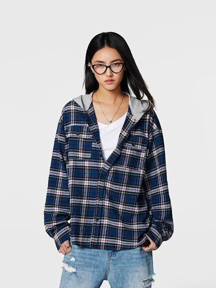 ACHOCK Contrast Blue Plaid Hooded Long-sleeve Shirt