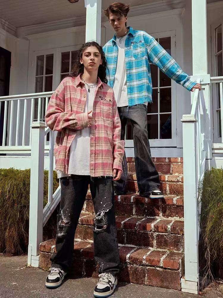 ACHOCK Embroidery Fringe Plaid Long Sleeve Shirt