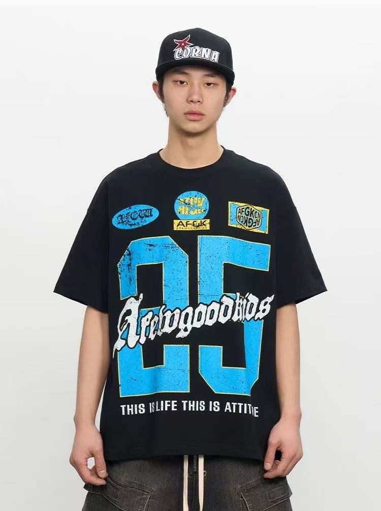 AFGK Retro Distressed Logo Print Short-sleeved T-shirt
