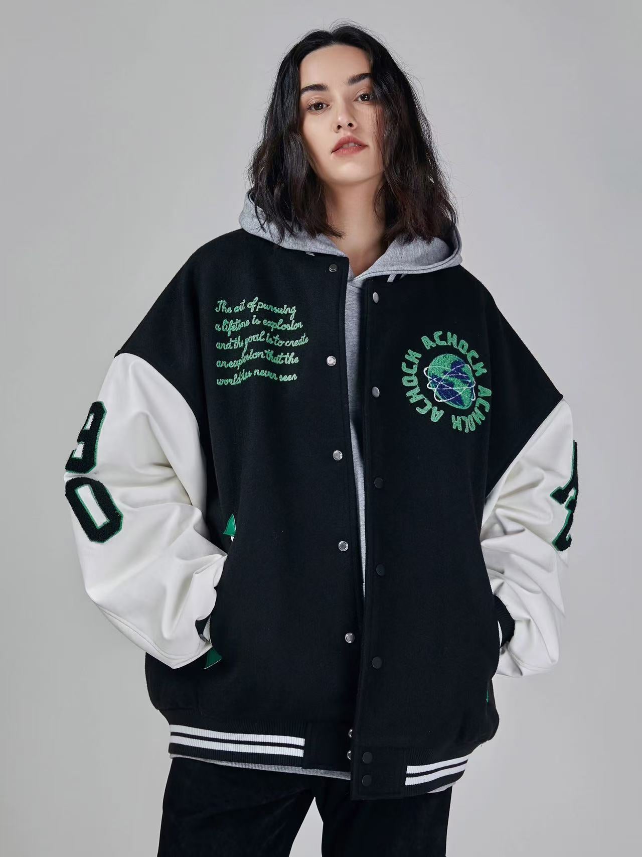 ACHOCK Green Earth Embroidered Baseball Jacket