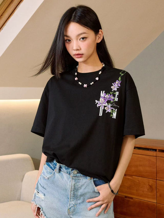 MEDM Vine and Flower Embroidered Short-sleeved T-shirt