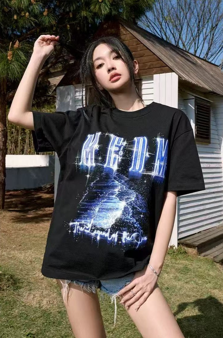 MEDM Heat-set Oil Printed Blue Tears Short-sleeved T-shirt
