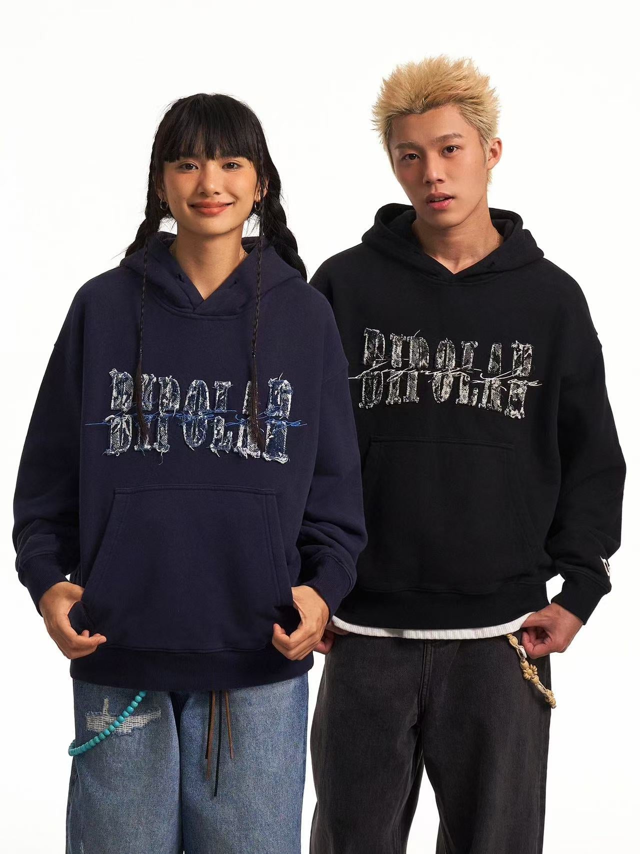 BIPOLAR Destroyed and Torn Creative Design Denim Patch Hoodie