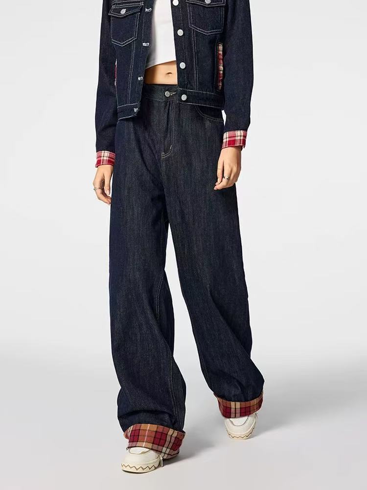 ACHOCK Plaid Patchwork Design Denim Jeans