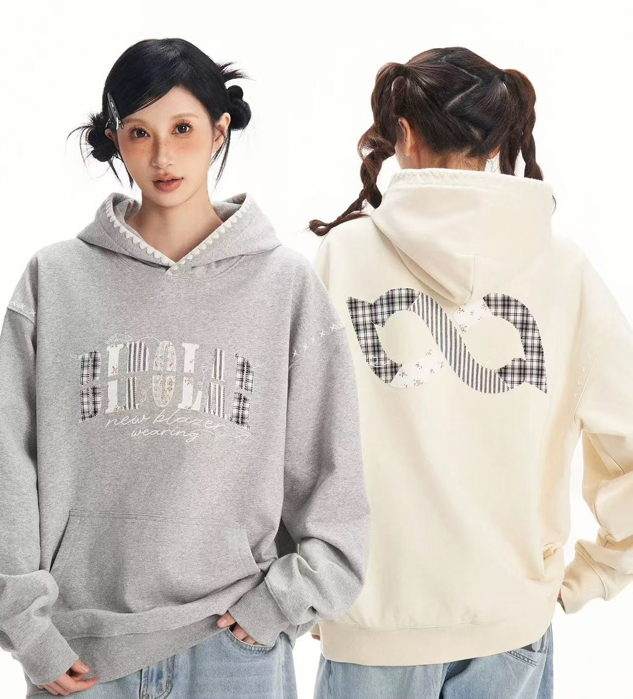 BIPOLAR Floral Striped Patchwork Shell Embroidered Hoodie