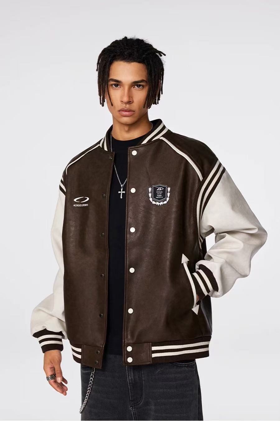 ACHOCK Logo Embroidered Retro Color Block Baseball Leather Jacket