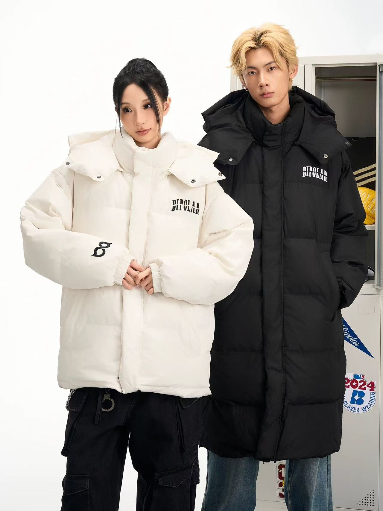 BIPOLAR Flocked Long Knee-length Foldable Duck Down Hooded Jacket