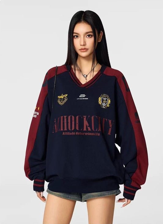 ACHOCK Retro V-neck Logo Design Sweatshirt