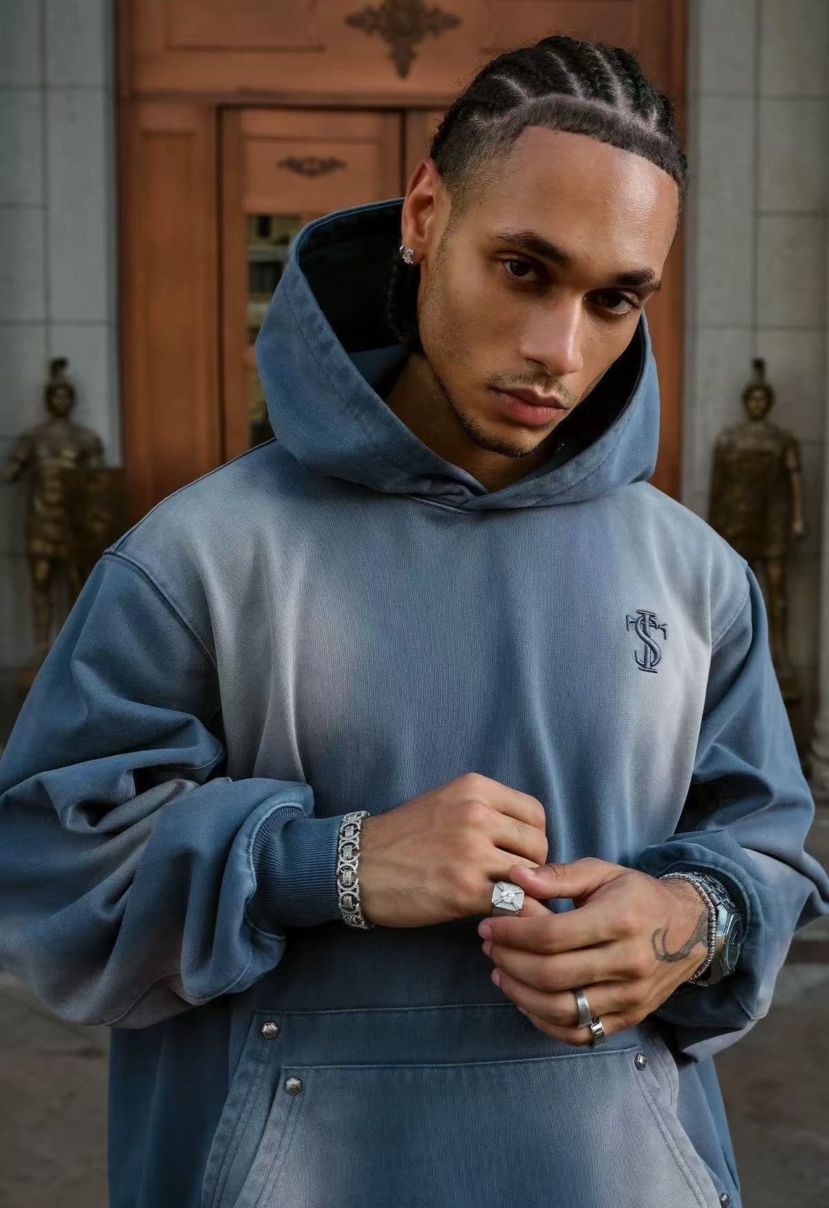 STK Double Pouch Rivet Pocket Wash Hoodie