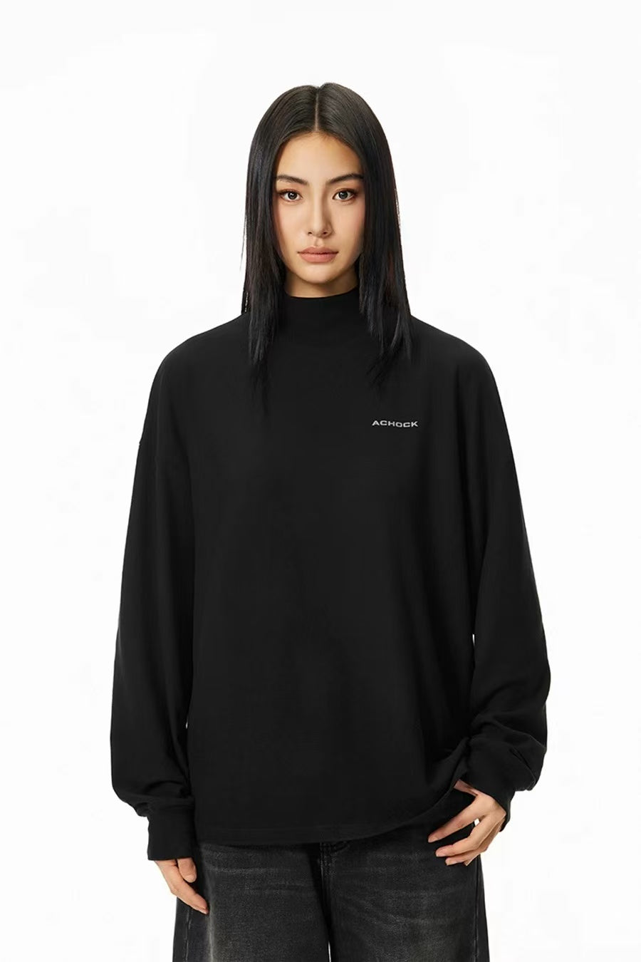 ACHOCK Simple Basic Logo Half Turtleneck Long-sleeve Tee