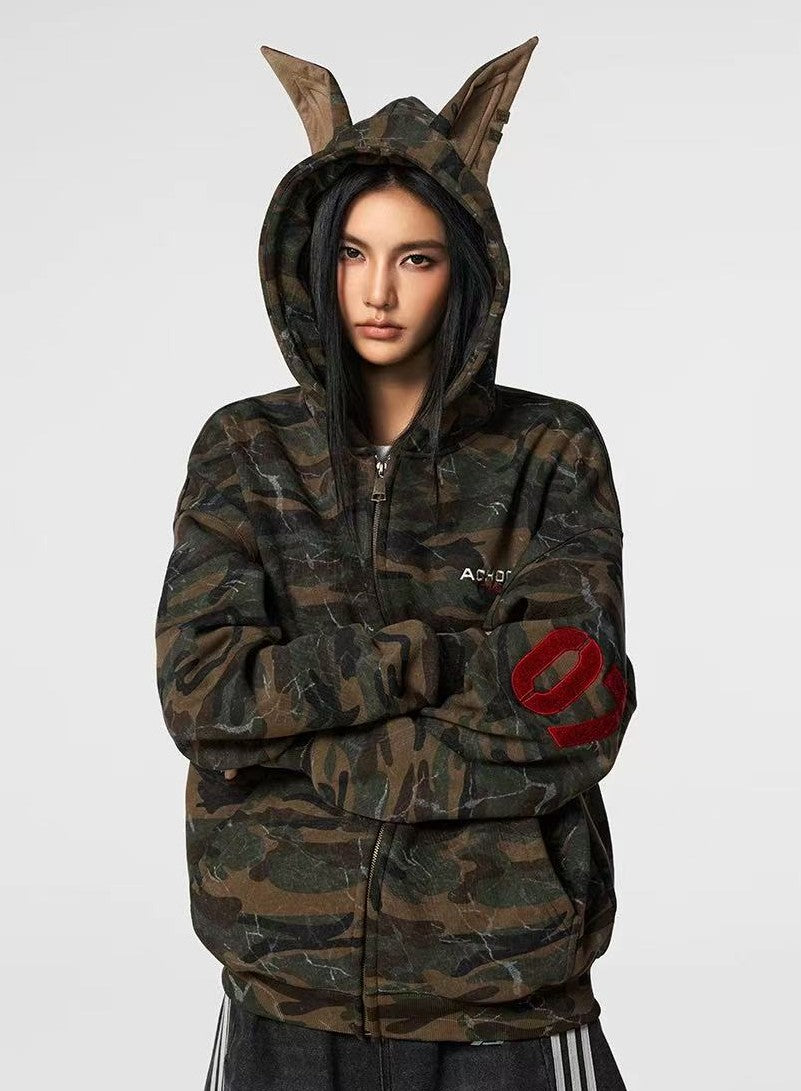 ACHOCK Camouflage Doberman Ear Hooded Fleece Cardigan Sweatshirt