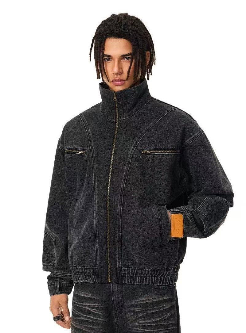 ACHOCK Street Wash Deconstructed Stand Collar Denim Jacket