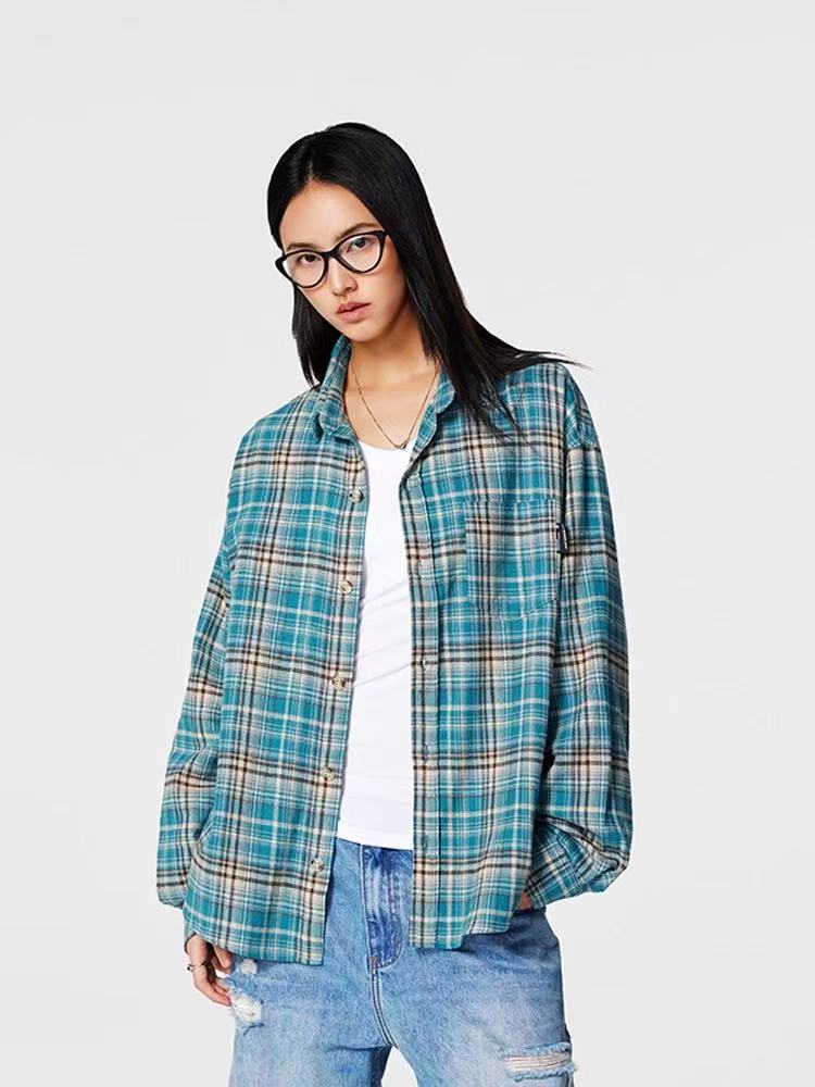 ACHOCK Retro Blue Plaid Long-sleeve Shirt