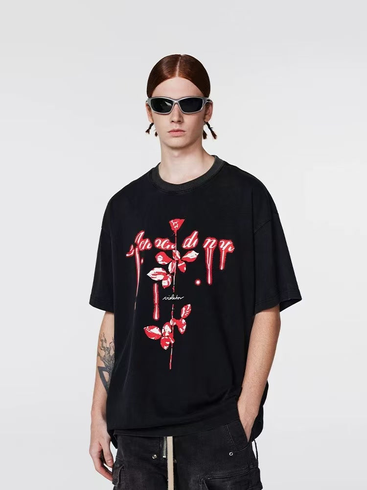 ACHOCK Washed Distressed 3D Luminous Printed T-shirt