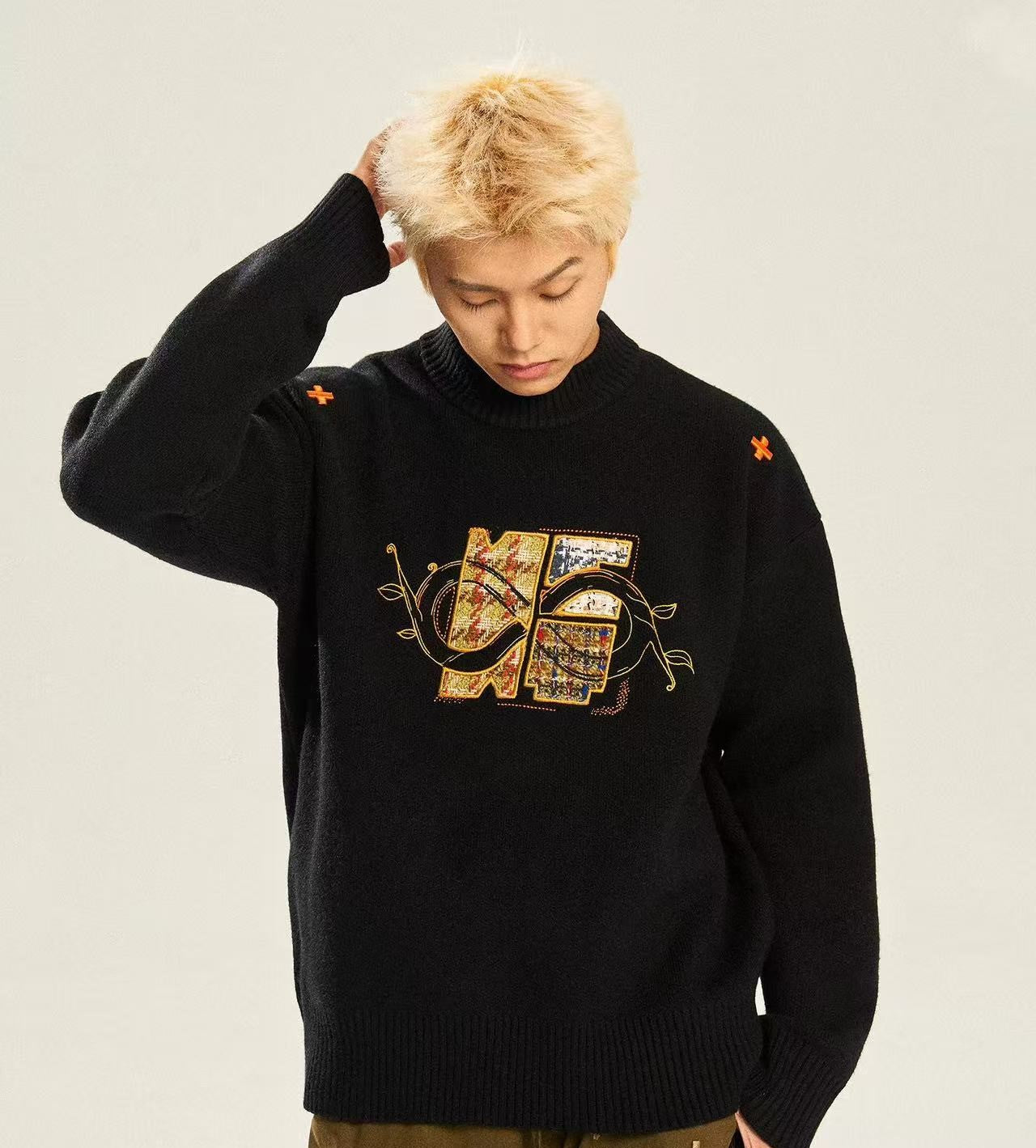 BIPOLAR×NSTNEW Logo Design Black Crew Neck Sweater