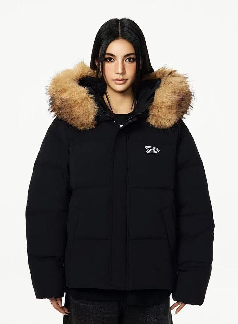 ACHOCK Logo Print Fur Collar Hooded Down Jacket