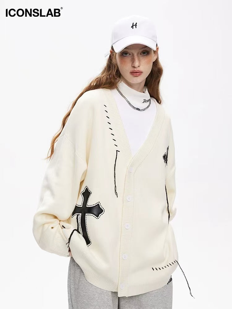 ICONSLAB V-neck Knitted Cardigan Cross Jacquard Sweater