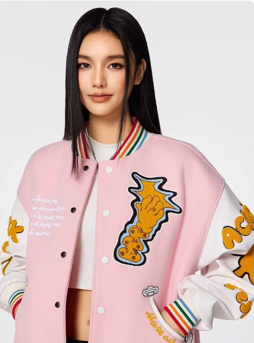 ACHOCK Crescent Bear Embroidered Baseball Jacket