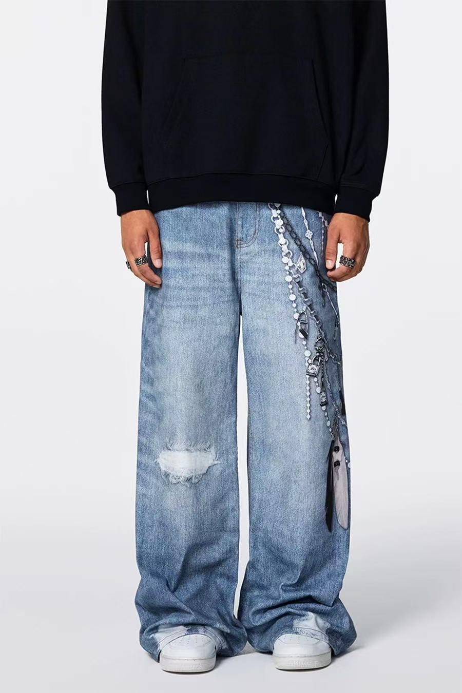 ACHOCK 3D Chain Printed Loose Jeans