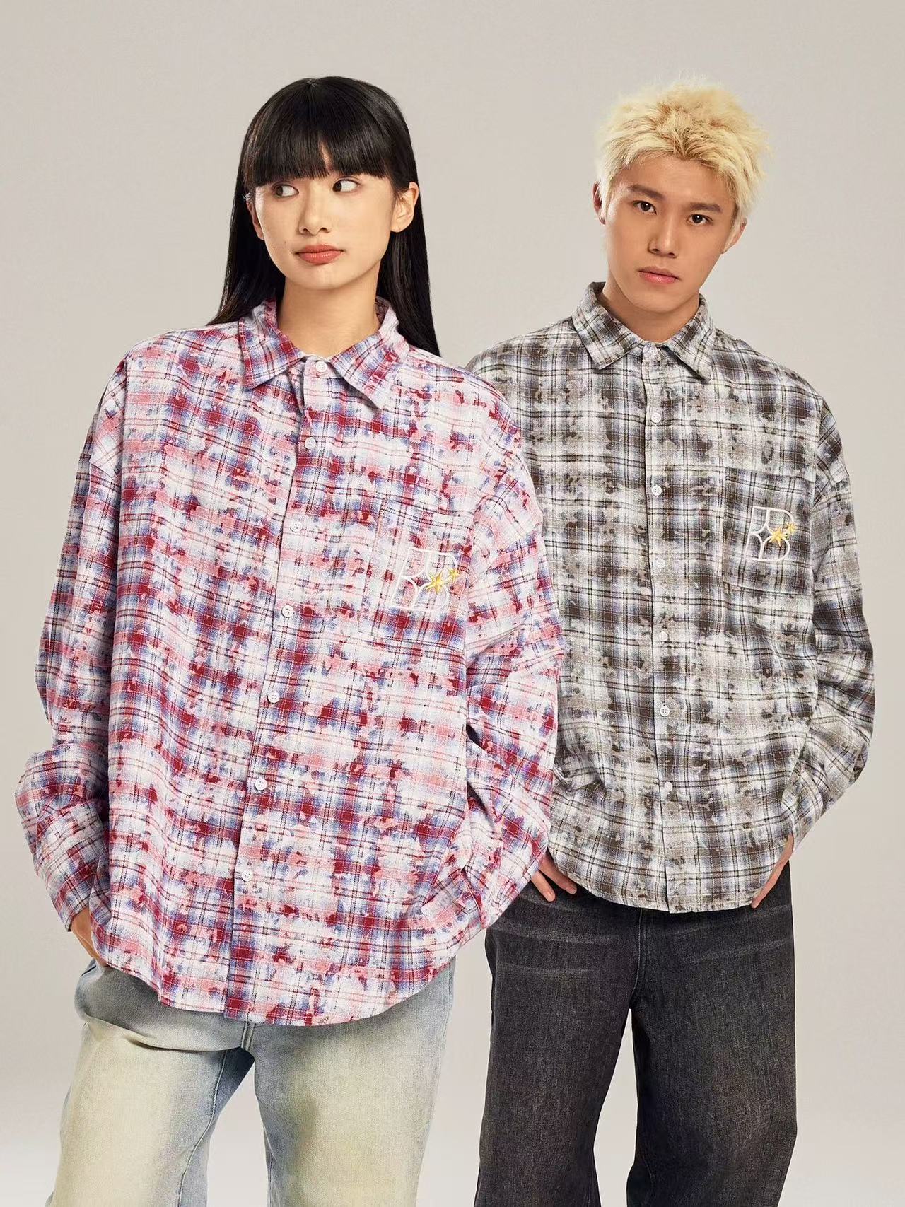 BIPOLAR Retro Floral Letter Embroidered Tie-dye Plaid Shirt