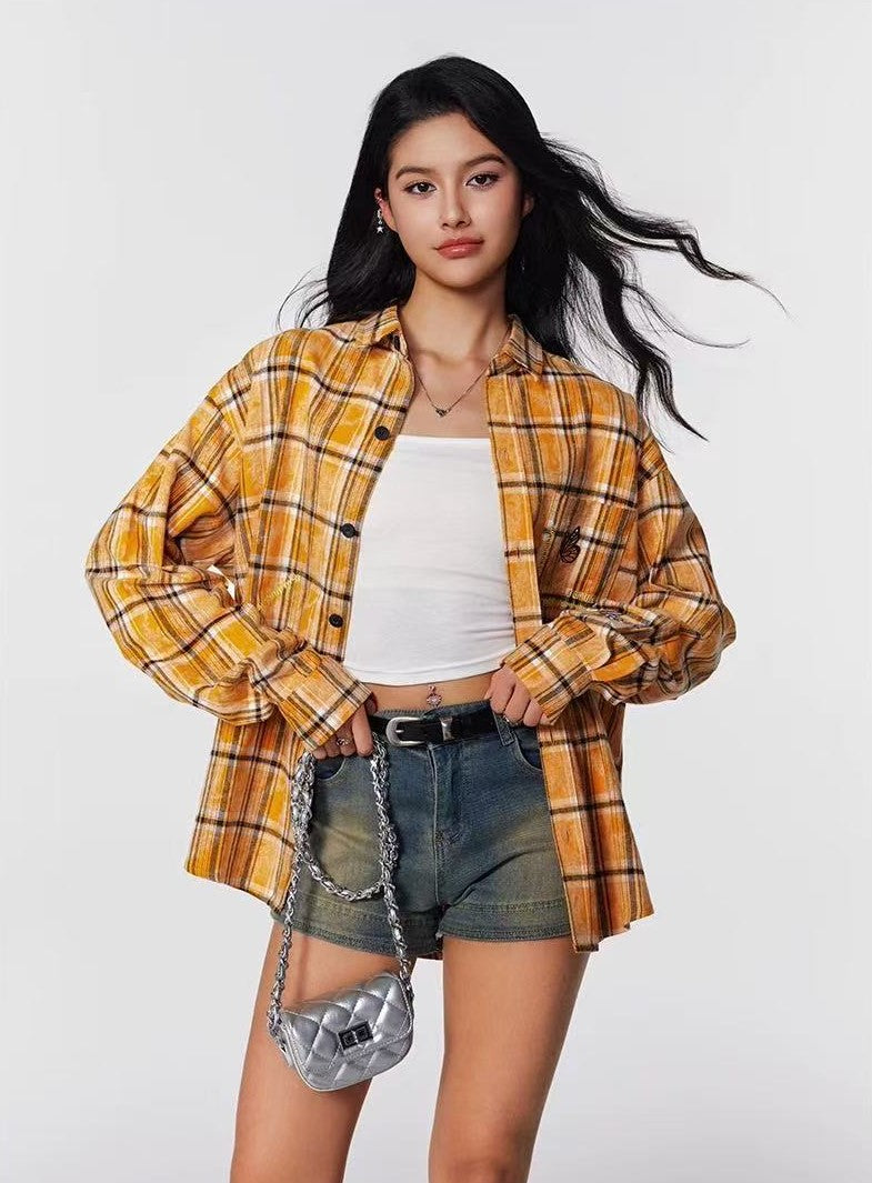 ACHOCK Washed Butterfly Embroidered Long-sleeved Shirt