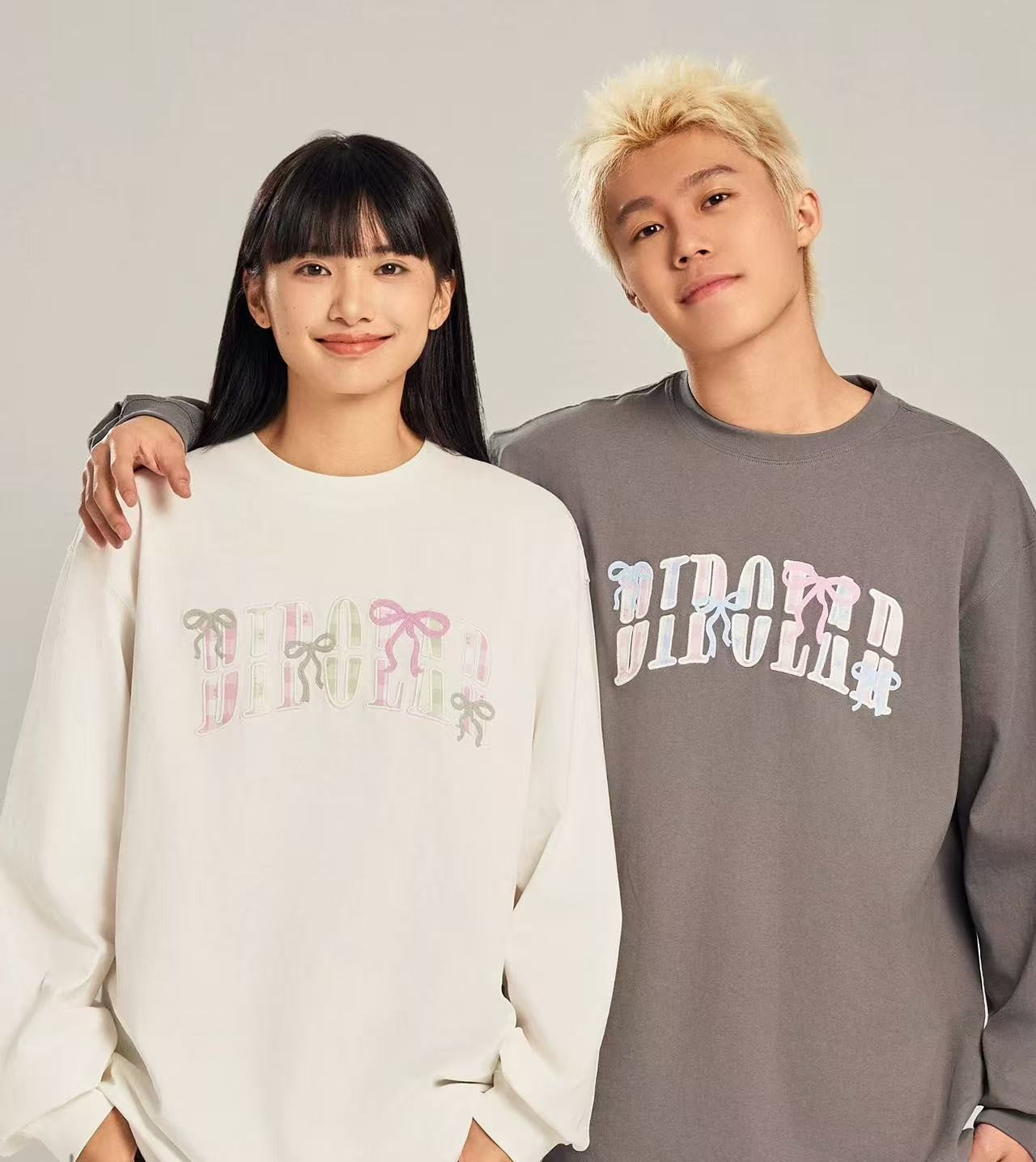 BIPOLAR Colorful Bow Plaid Patch Long-sleeved T-shirt