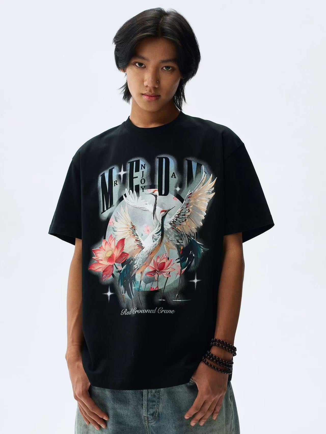 MEDM White Ink Crane Printed Short-sleeve T-shirt