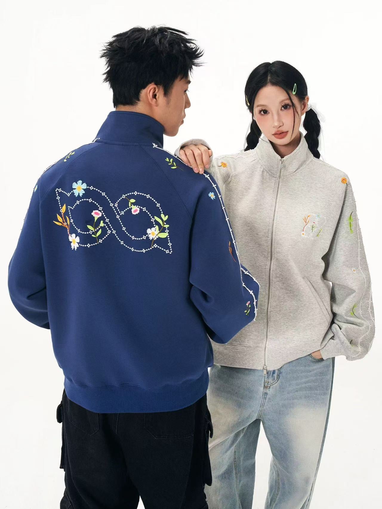 BIPOLAR Floral Embroidered Zipper Sweatshirt