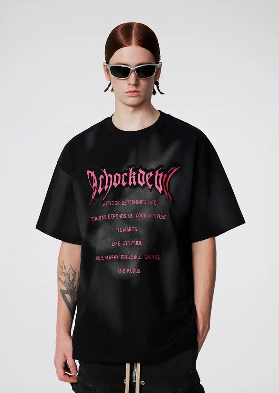ACHOCK Embroidered Washed Black Distressed T-shirt