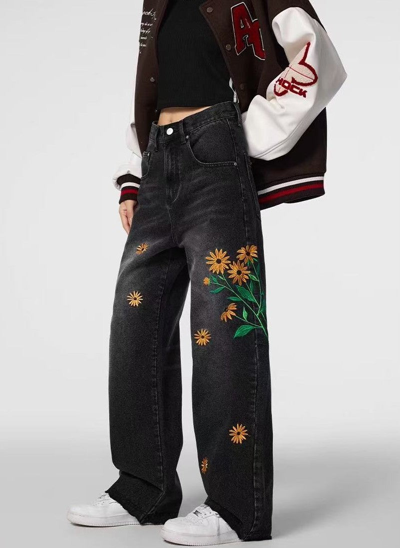 ACHOCK Heavy Wash Floral Embroidered Jeans