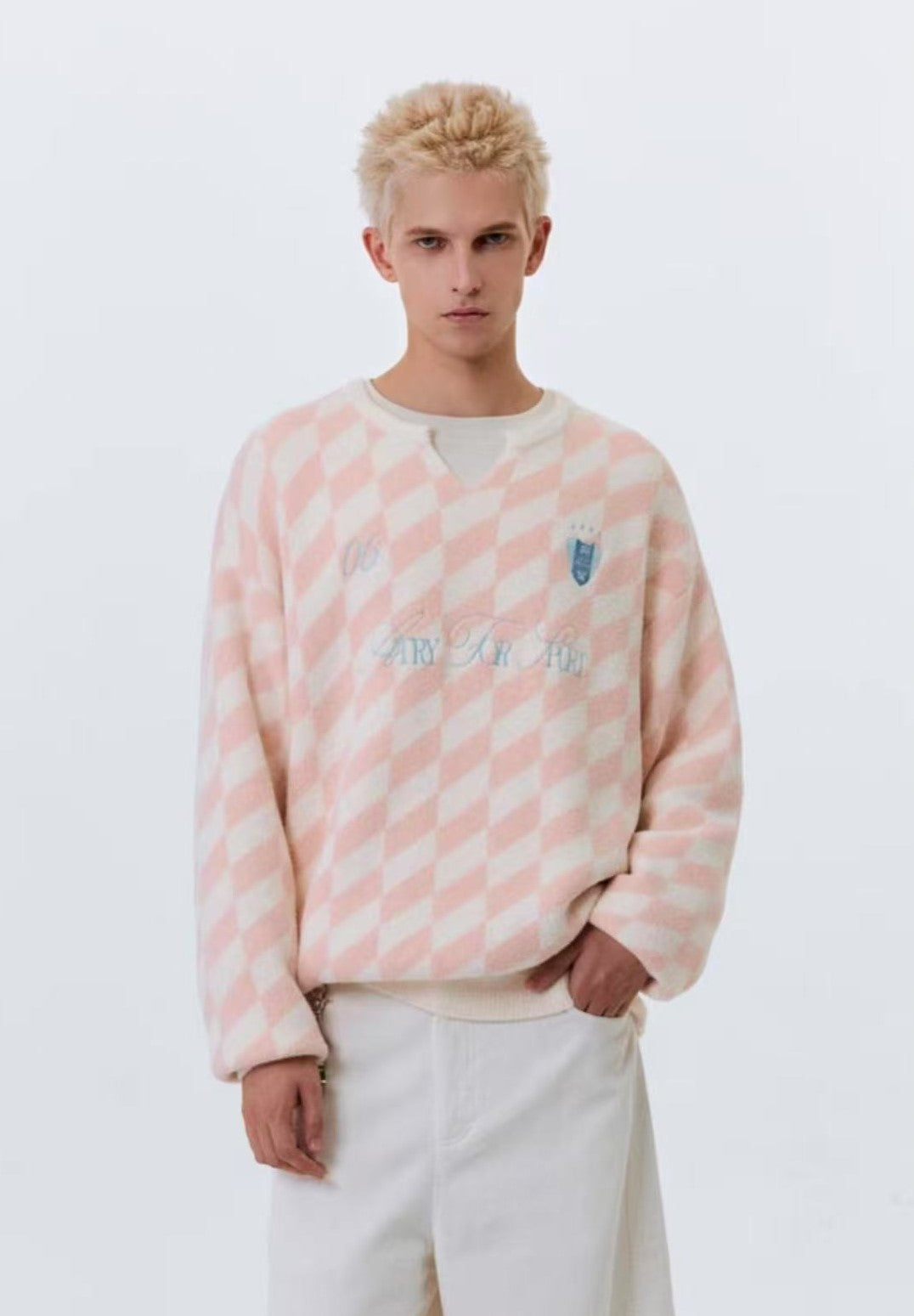 ATRY Sport Contrasting Diamond Plaid Small V-neck Sweater