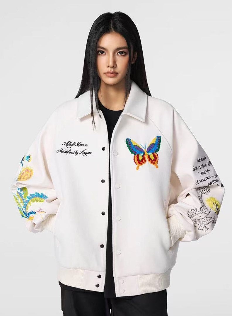 ACHOCK Butterfly Embroidered Stand Collar Baseball Jacket