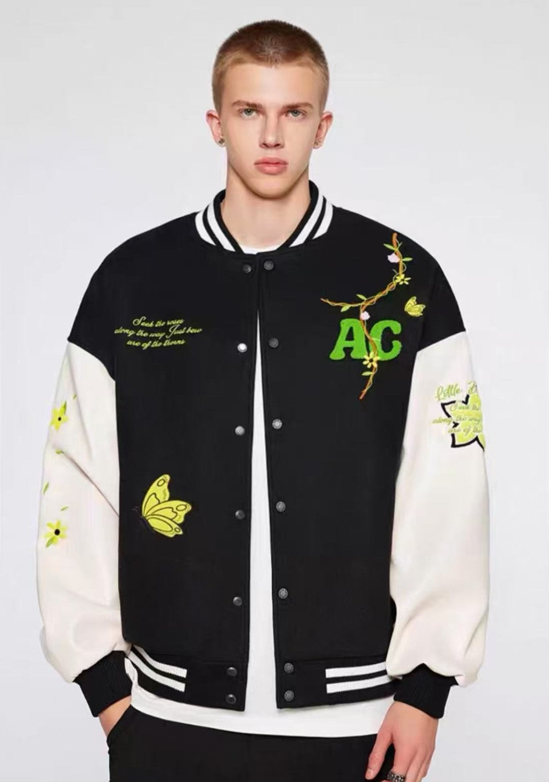 ACHOCK Heavy Hip-hop Flower Vine Embroidery Baseball Jacket