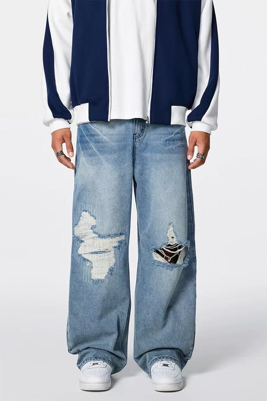 ACHOCK Butterfly Stitching Retro Ripped Jeans