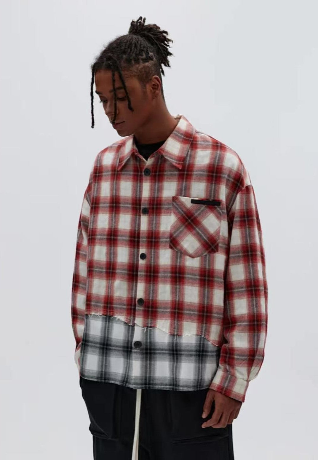 ATRY Plaid Paneled Raw Edge Long-sleeved Shirt