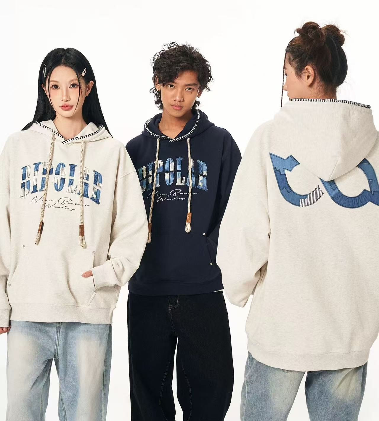 BIPOLAR Denim Striped Patch hoodie