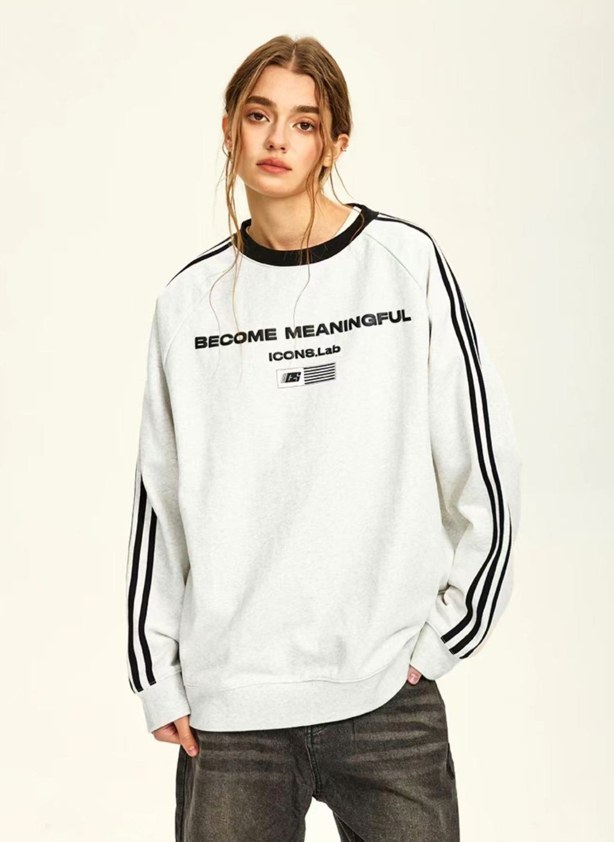 ICONSLAB Contrast Color Three stripes Web Foam Printed Sweatshirt
