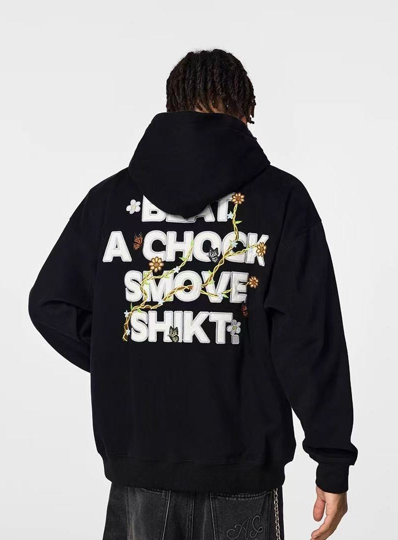 ACHOCK Floral Patch Embroidered Hooded Sweatshirt