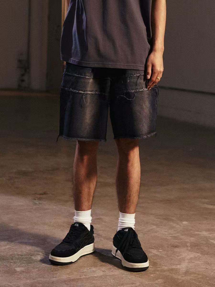 REMEDY Destroyed Fringe Paneled Denim Shorts