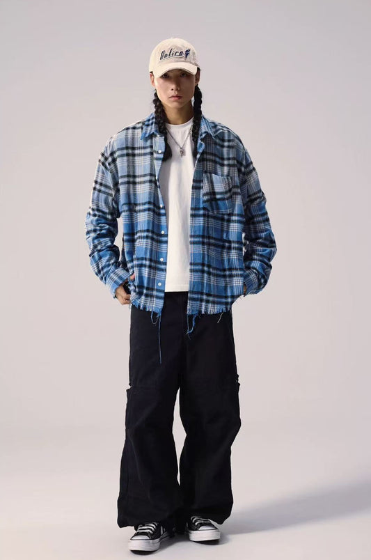 REMEDY Washed Gradient Long-sleeved Plaid Shirt