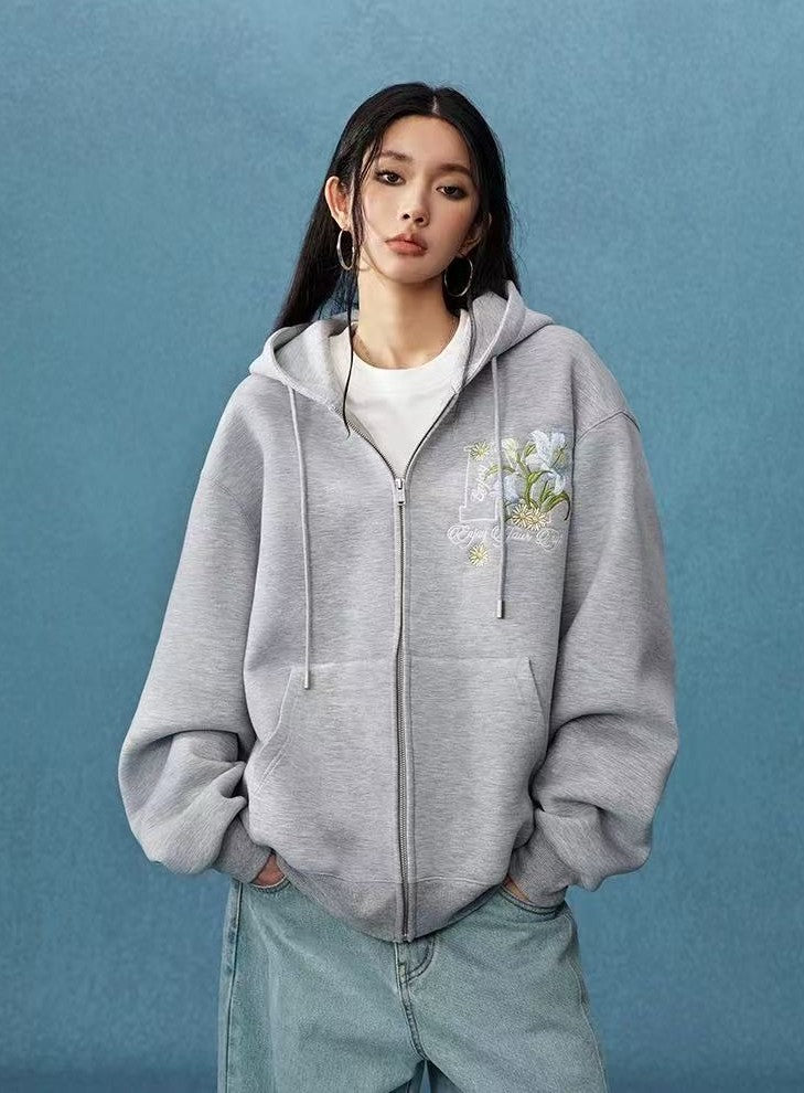MEDM Floral Air Layer Embroidered Zip Hoodie