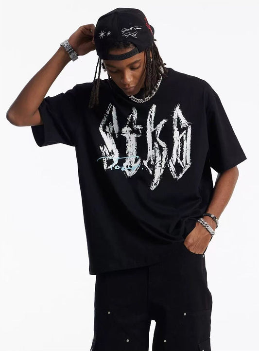 STK Vintage Font Logo Print Crew Neck T-Shirt