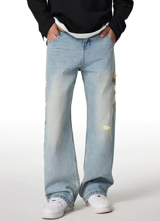 ACHOCK Floral Embroidered Heavy Duty Jeans