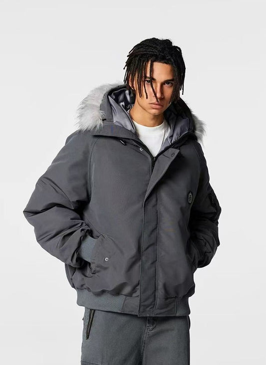 ACHOCK Logo Design Fur Collar Hooded Cotton Coat