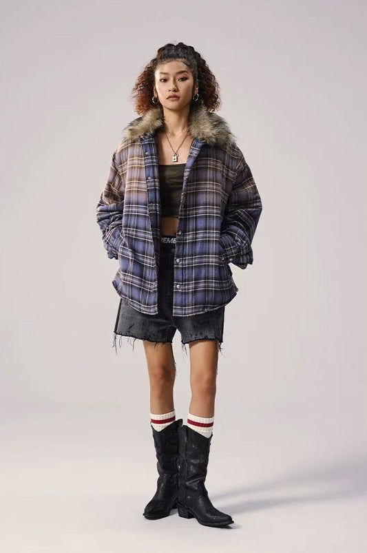 REMEDY Thickened Gradient Distressed Plaid Fur Collar Cotton Coat