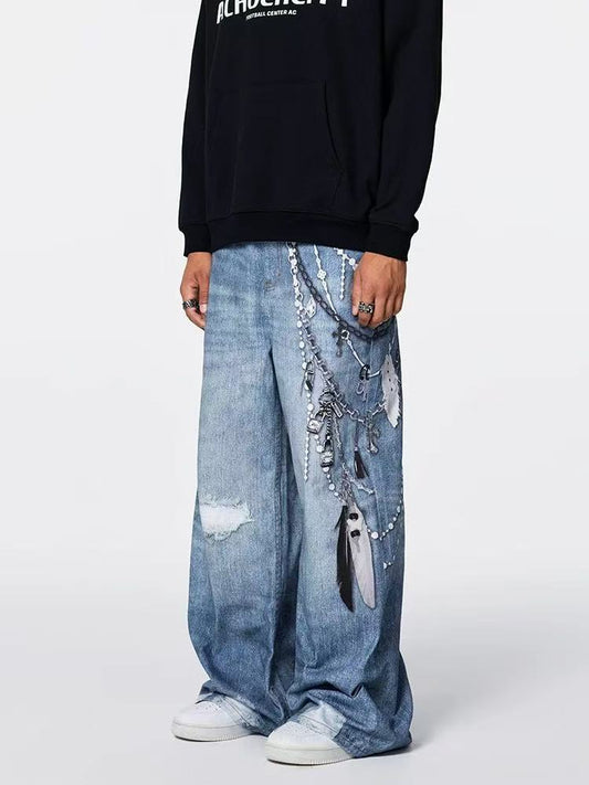 ACHOCK 3D Chain Printed Loose Jeans