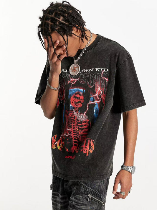 STK Washed Skull Print Crew Neck T-Shirt