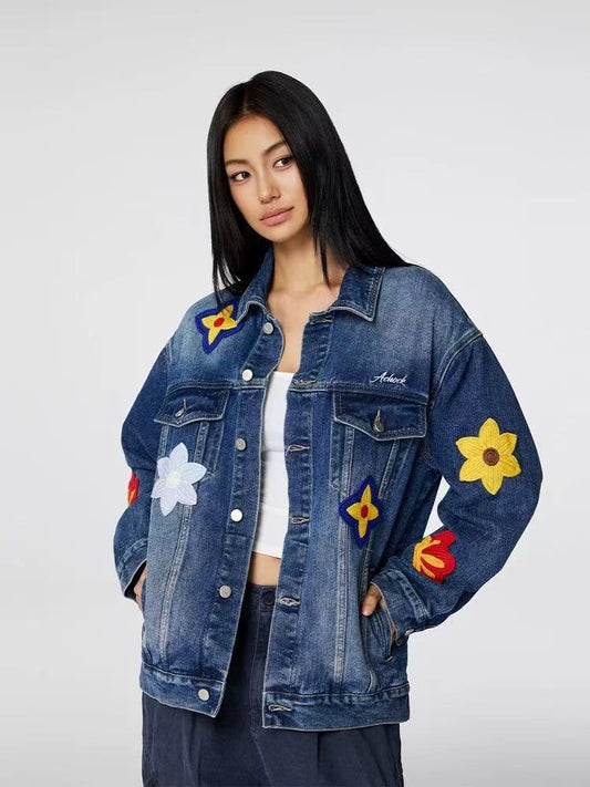 ACHOCK Flower Embroidered Denim Jacket