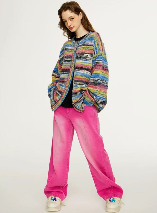 ICONSLAB Color Gradient Striped Cardigan Sweater